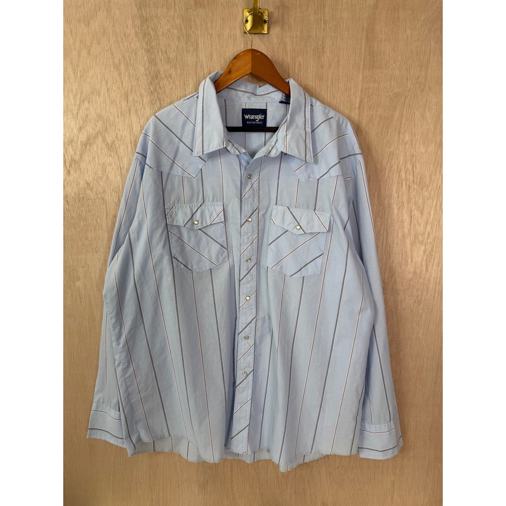 Wrangler Western Shirt Mens XXL Light Blue Striped Pearl Snap Long Sleeve